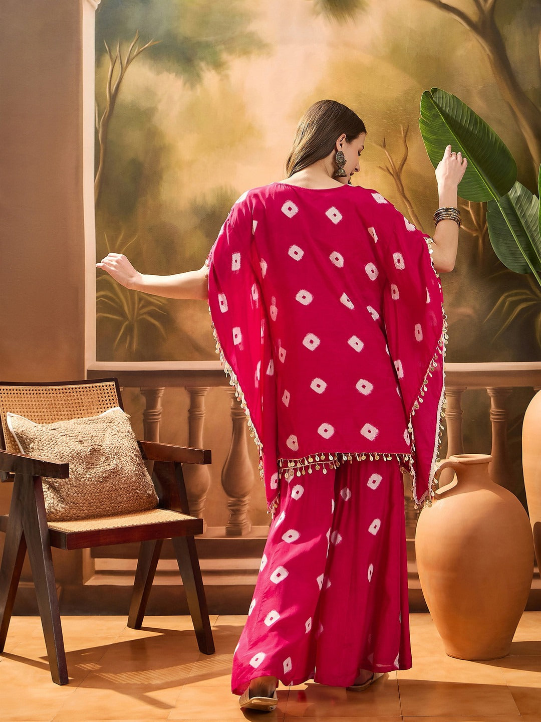 Viscose Rayon Bandhej Kaftan Sharara Set