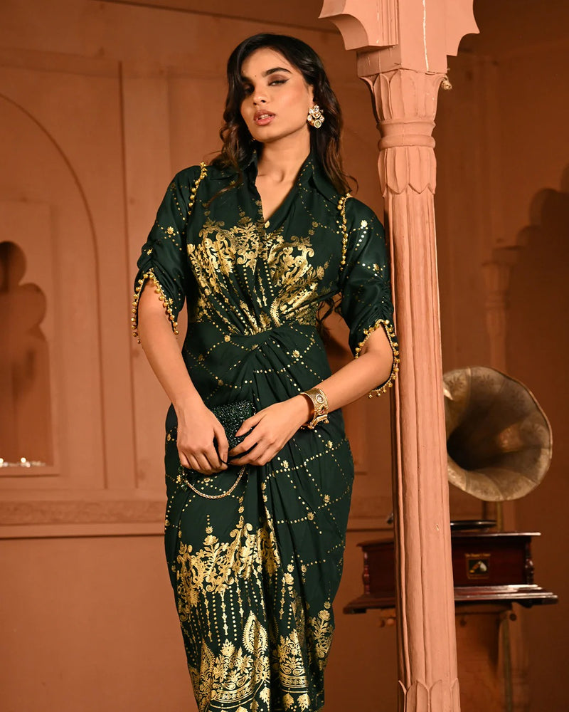 Cotton Rayon Green Ghunghroo Foil Shirtdress