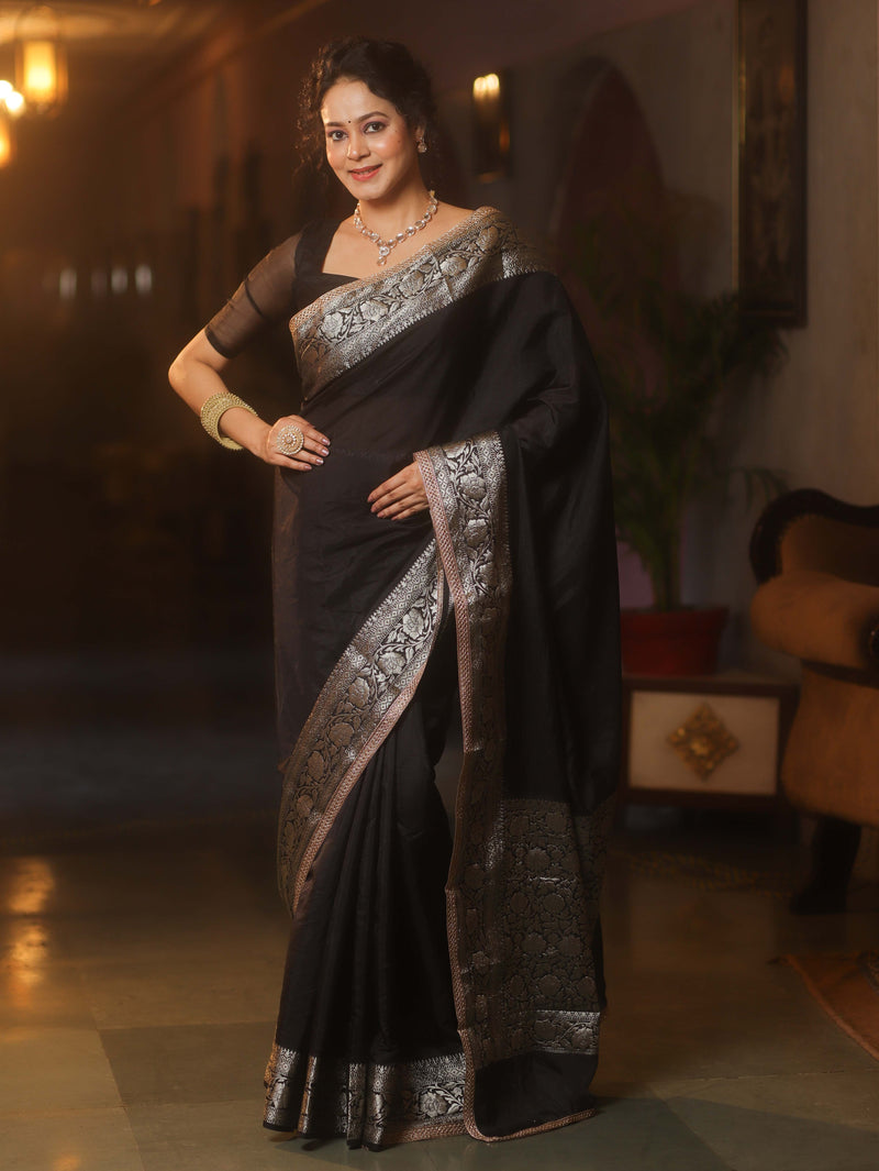 Midnight Grace Banarasi Handwoven Semi-Silk Saree with Zari Border Stiched Blouse