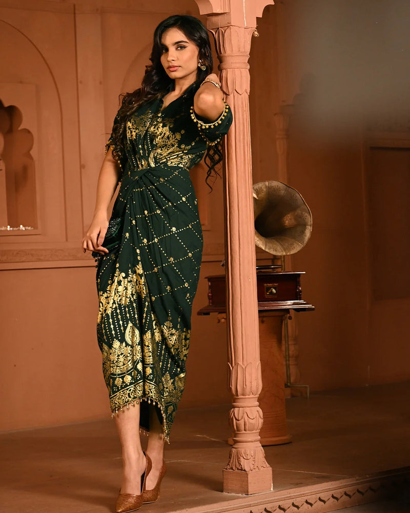 Cotton Rayon Green Ghunghroo Foil Shirtdress