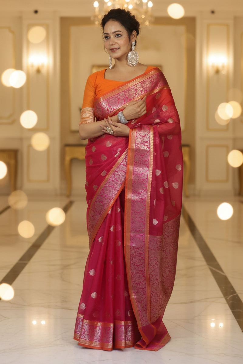 Banarasi Organza Saree with Gold Butti and Zari Border in Rani Pink