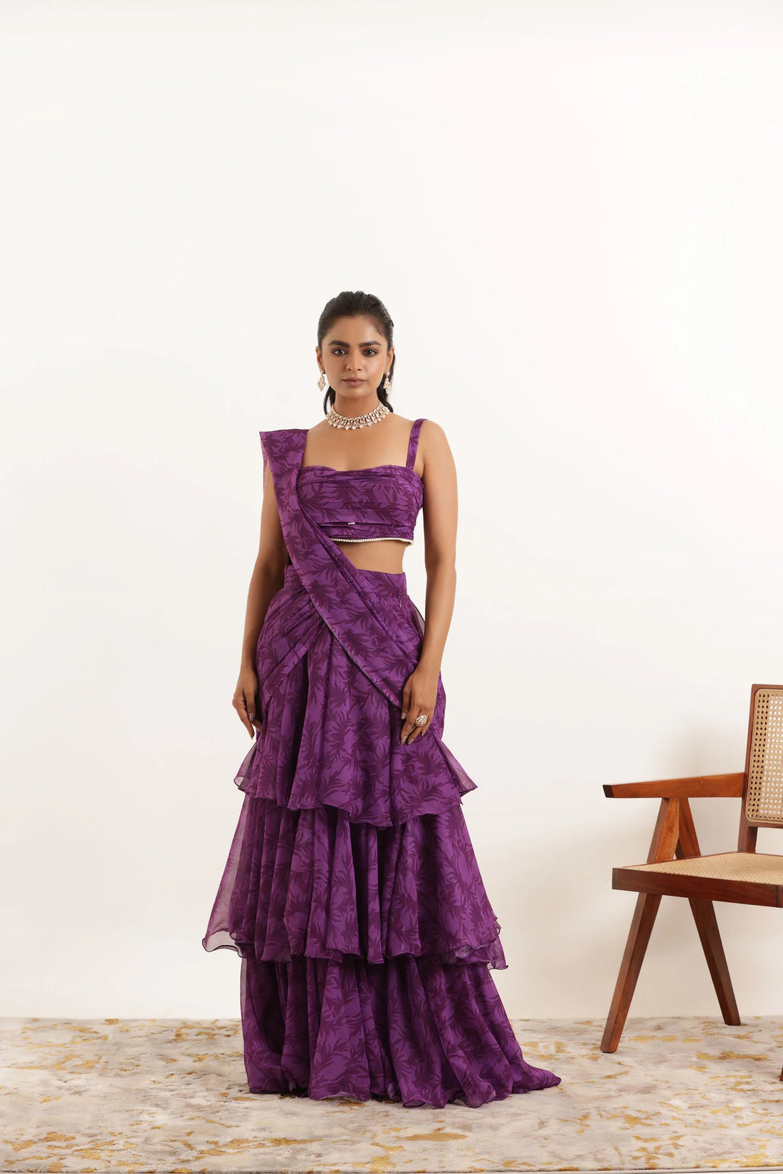 Floral Printed Ruffle Pre-Draped Saree