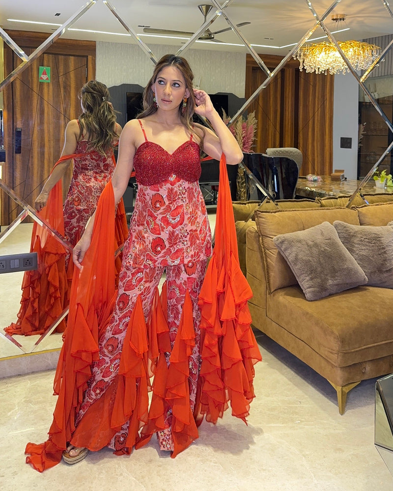Red Floral Embellished Ruffle Jumpsuit Gown