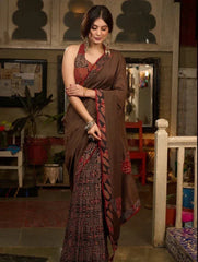 Brown Cotton Ajrakh Saree with Patchwork