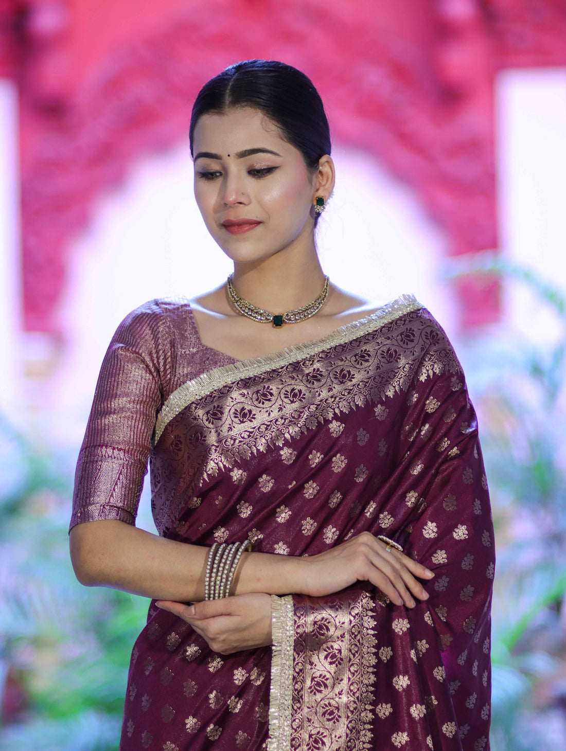 Royal Wine Banarasi Handloom Zari Butti Silk Saree