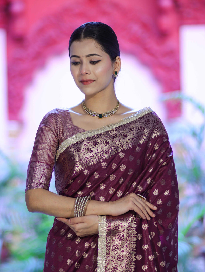 Royal Wine Banarasi Handloom Zari Butti Silk Saree