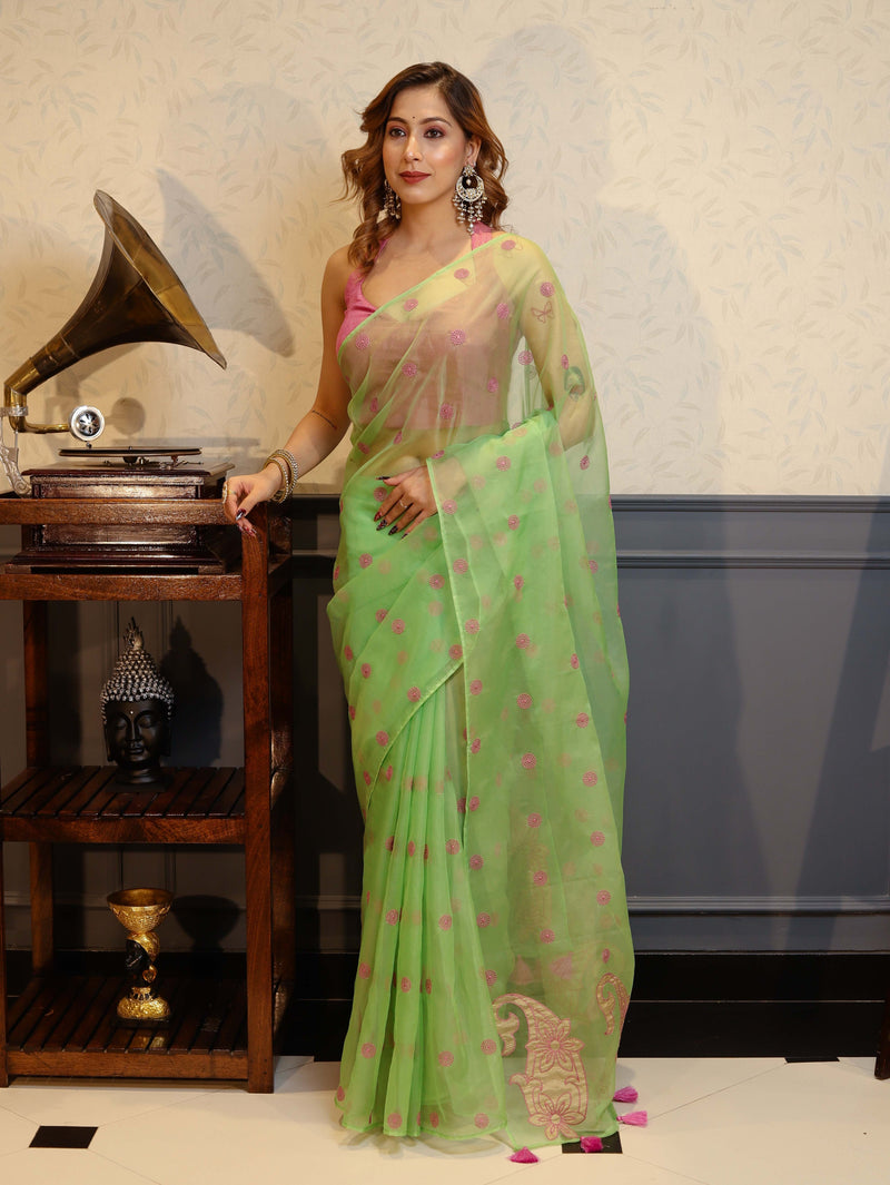 Vastra Veda Ivory Organza Banarasi Butti Saree with Red Embroidery with a Stitched Blouse