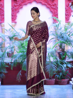 Royal Wine Banarasi Handloom Zari Butti Silk Saree
