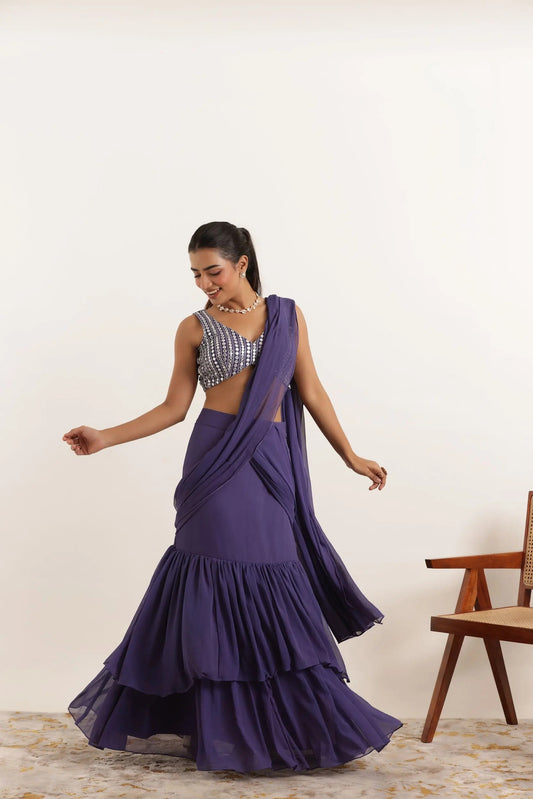 Grape Ruffle Lehenga Saree Set with Embellished Blouse
