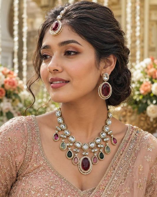 Regal Ruby Kundan Bridal Necklace Set with Earrings & Maang Tikka