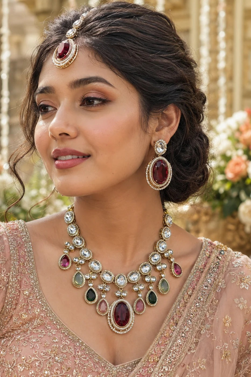 Regal Ruby Kundan Bridal Necklace Set with Earrings & Maang Tikka