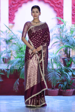 Royal Wine Banarasi Handloom Zari Butti Silk Saree
