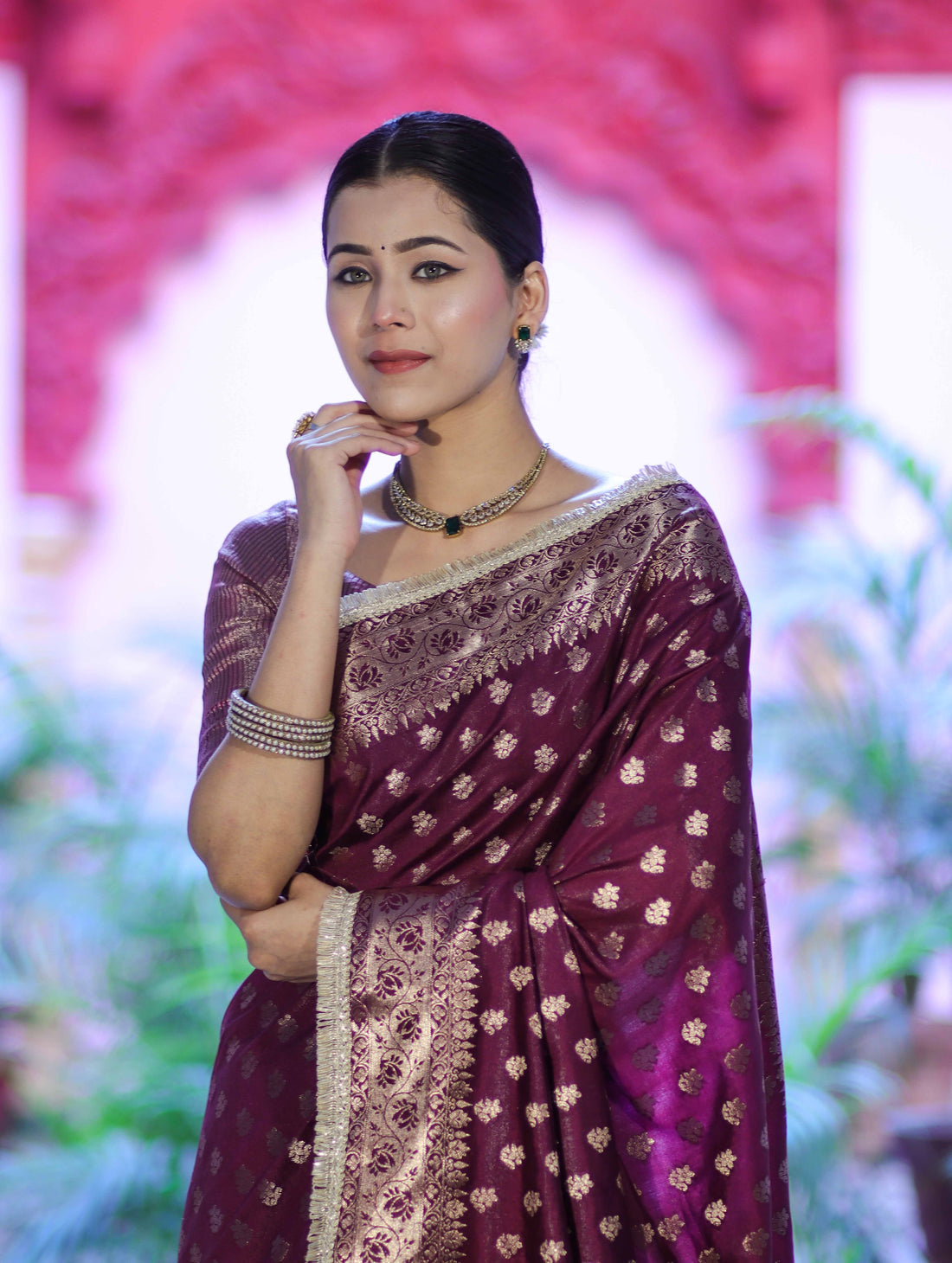 Royal Wine Banarasi Handloom Zari Butti Silk Saree