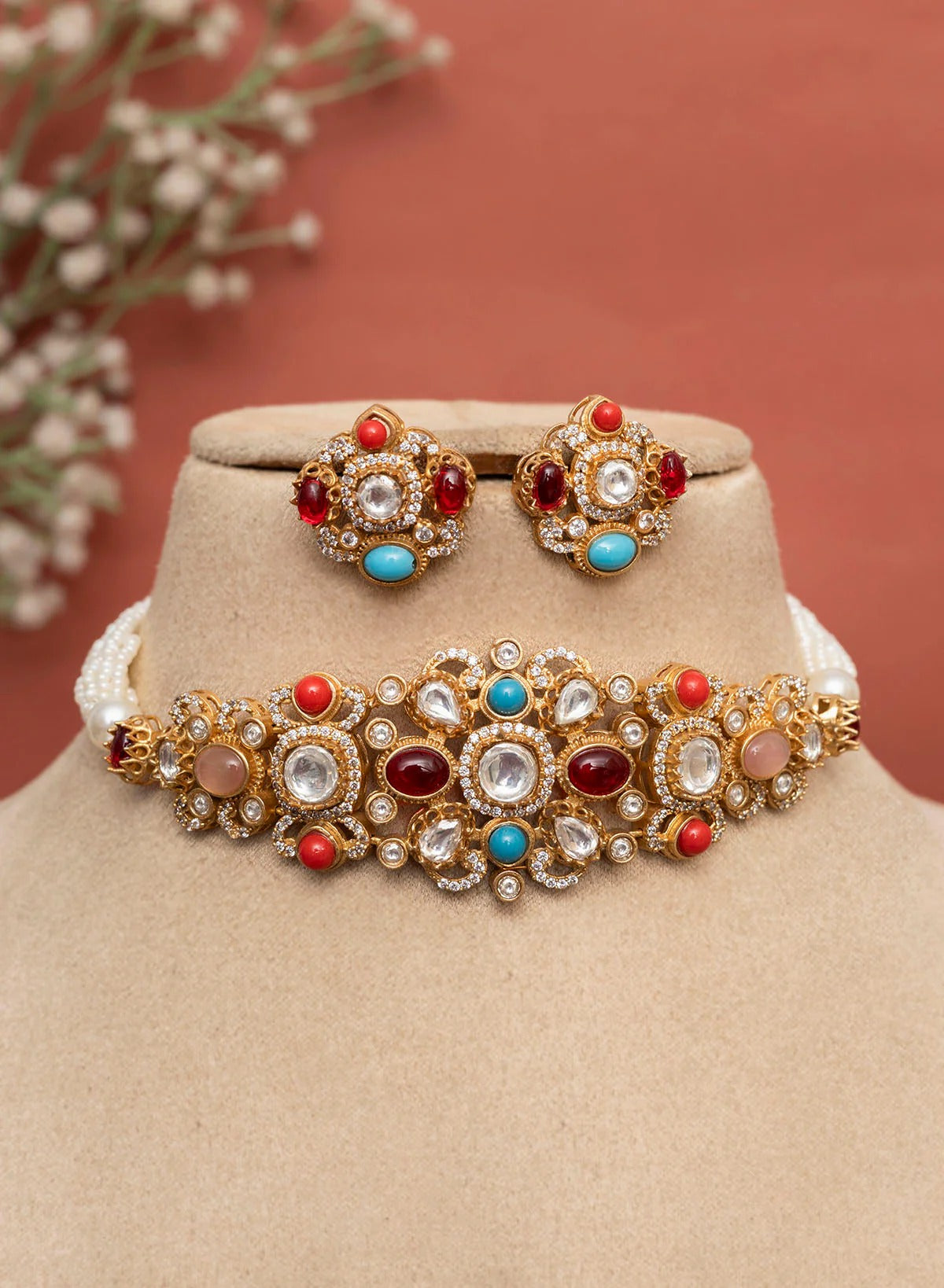 Antique Golden Kundan Brass Necklace Set