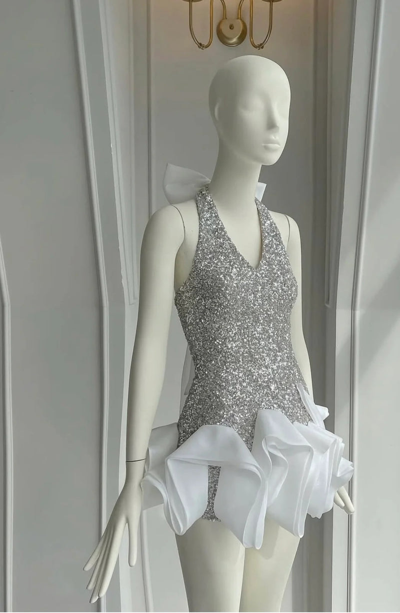 Cherry Sequin Halter Neck Waves Dress