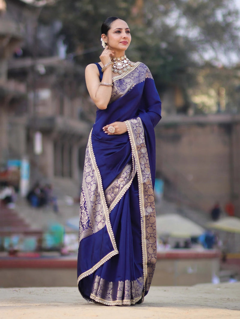 Vastra Veda Banarasi Semi-Silk Saree with Zari Border & Stitched Blouse