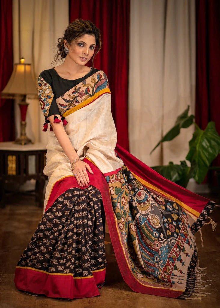 Hand-Painted Kalamkari Tussar Silk Saree