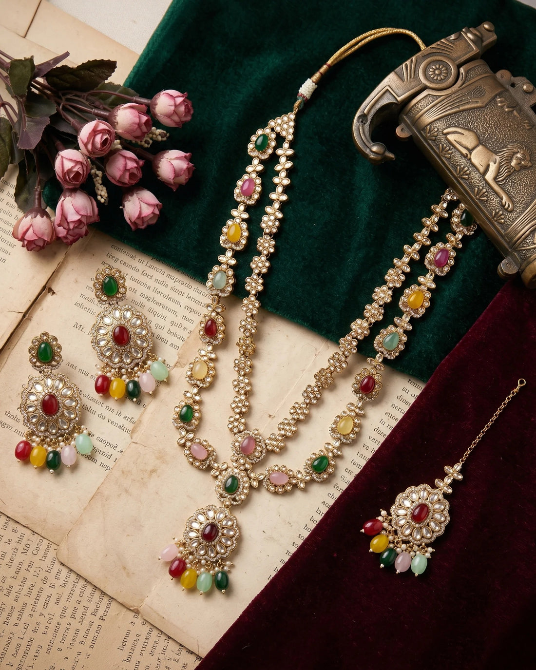Rajsi Meenakari Long Heritage Necklace Set with Earrings & Maang Tikka