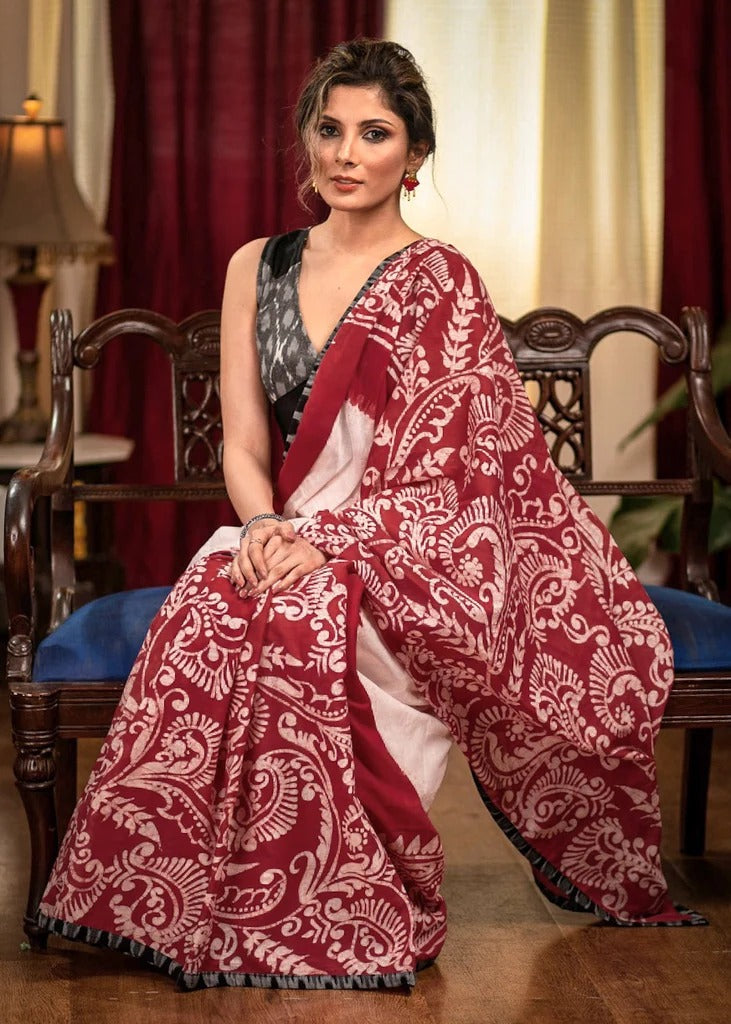 White Pure Mul Cotton Hand-Batik Saree