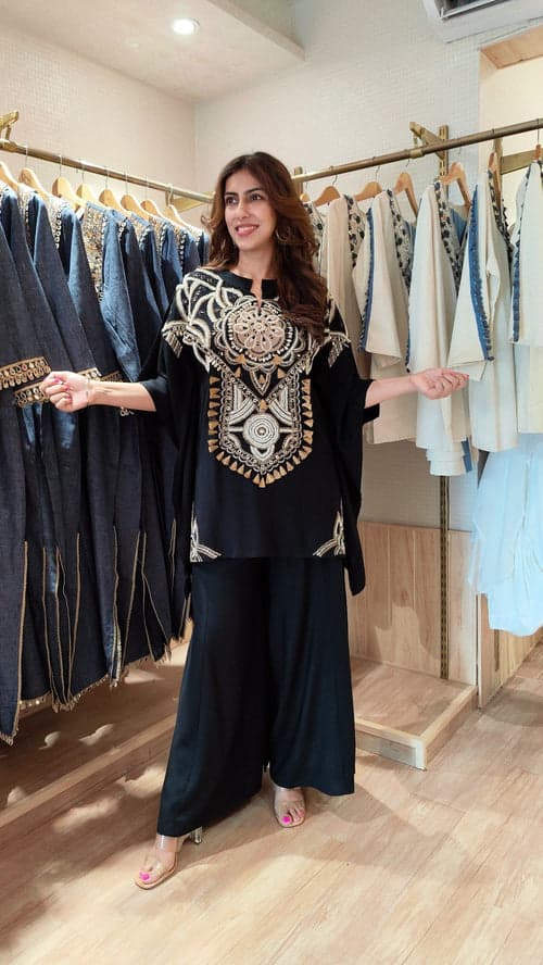 Black Modal Heavily Embroidered Kaftan