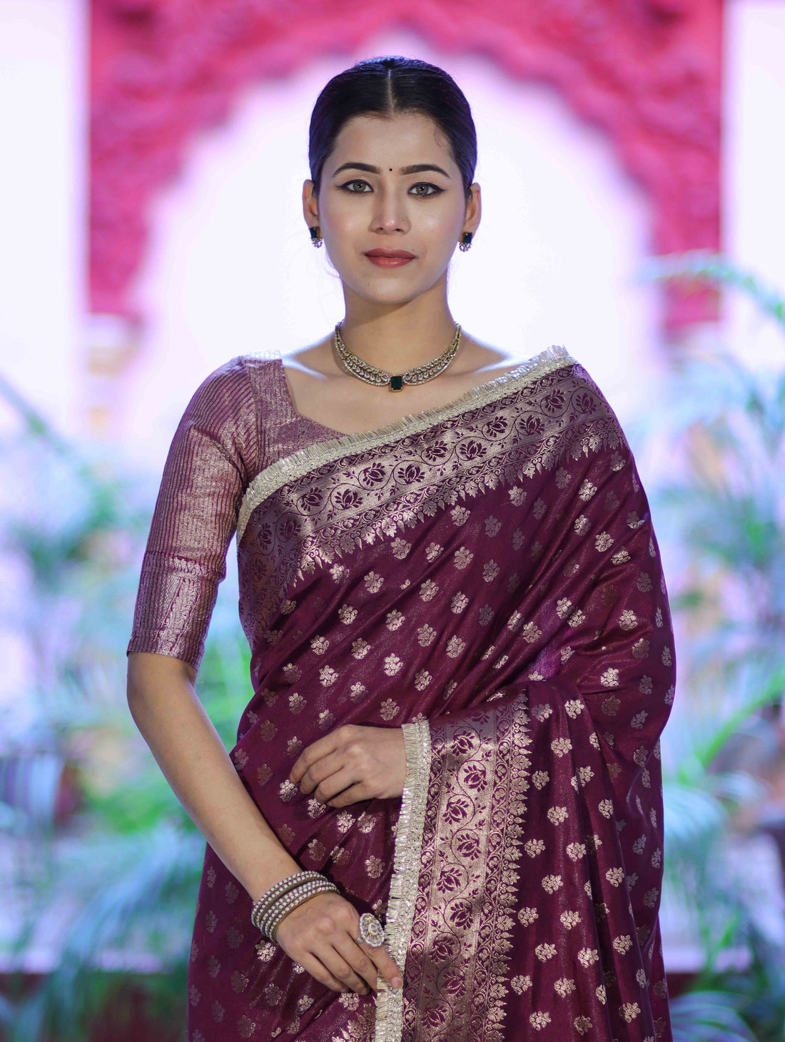 Royal Wine Banarasi Handloom Zari Butti Silk Saree