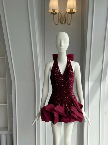 Cherry Sequin Halter Neck Waves Dress