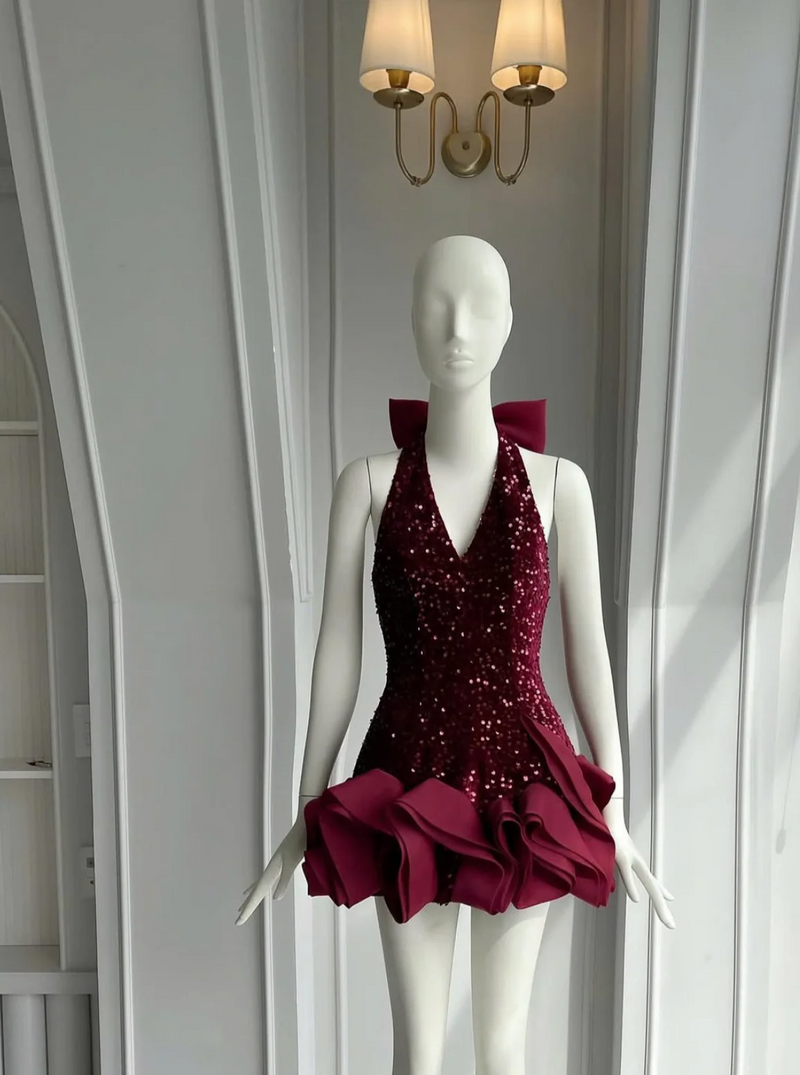 Cherry Sequin Halter Neck Waves Dress