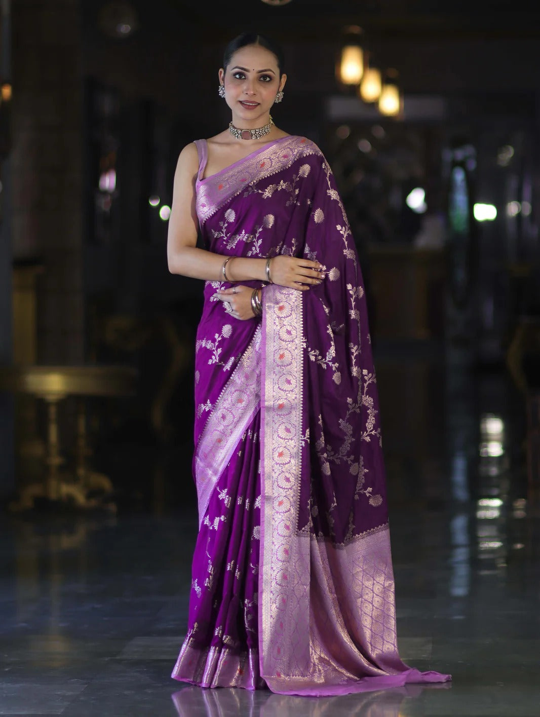 Royal Purple Banarasi Handloom Tissue Saree with Butti Design & Sthiched Blouse