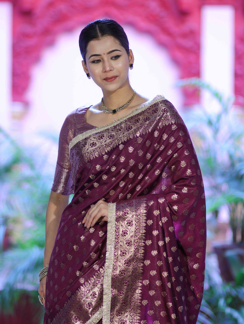 Royal Wine Banarasi Handloom Zari Butti Silk Saree