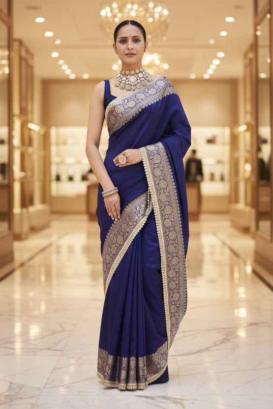 Vastra Veda Banarasi Semi-Silk Saree with Zari Border & Stitched Blouse