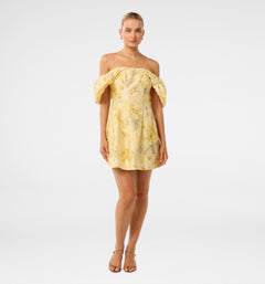 Linen Blend Gold Off Shoulder Dress