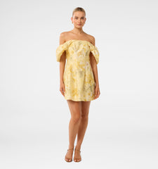 Linen Blend Gold Off Shoulder Dress