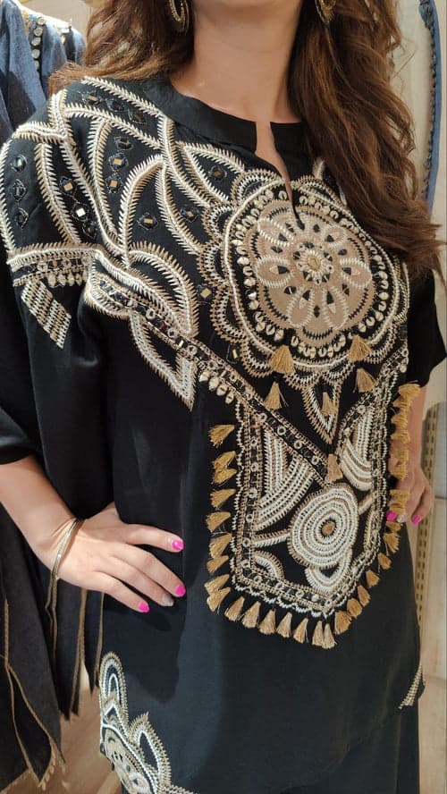 Black Modal Heavily Embroidered Kaftan