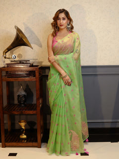 Vastra Veda Ivory Organza Banarasi Butti Saree with Red Embroidery with a Stitched Blouse