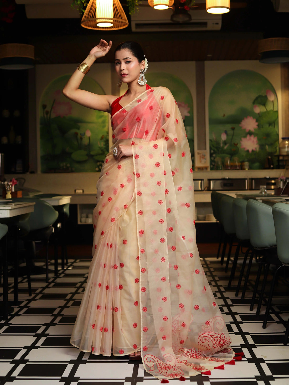 Vastra Veda Ivory Organza Banarasi Butti Saree with Red Embroidery with a Stitched Blouse