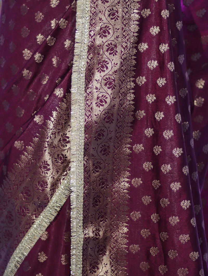 Royal Wine Banarasi Handloom Zari Butti Silk Saree