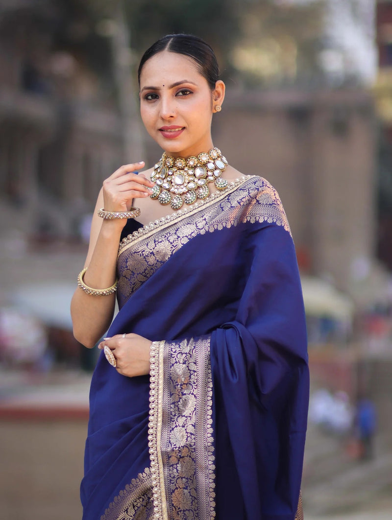 Vastra Veda Banarasi Semi-Silk Saree with Zari Border & Stitched Blouse