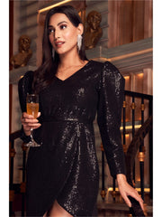 Sequin Black V-Neck Tulip Dress