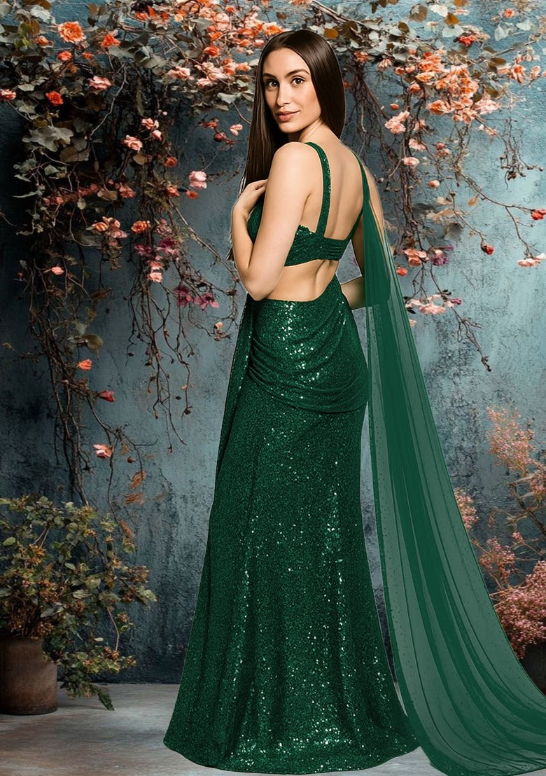 Emerald Green Sequin Net Pre-Draped Saree Set