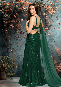 Emerald Green Sequin Net Pre-Draped Saree Set