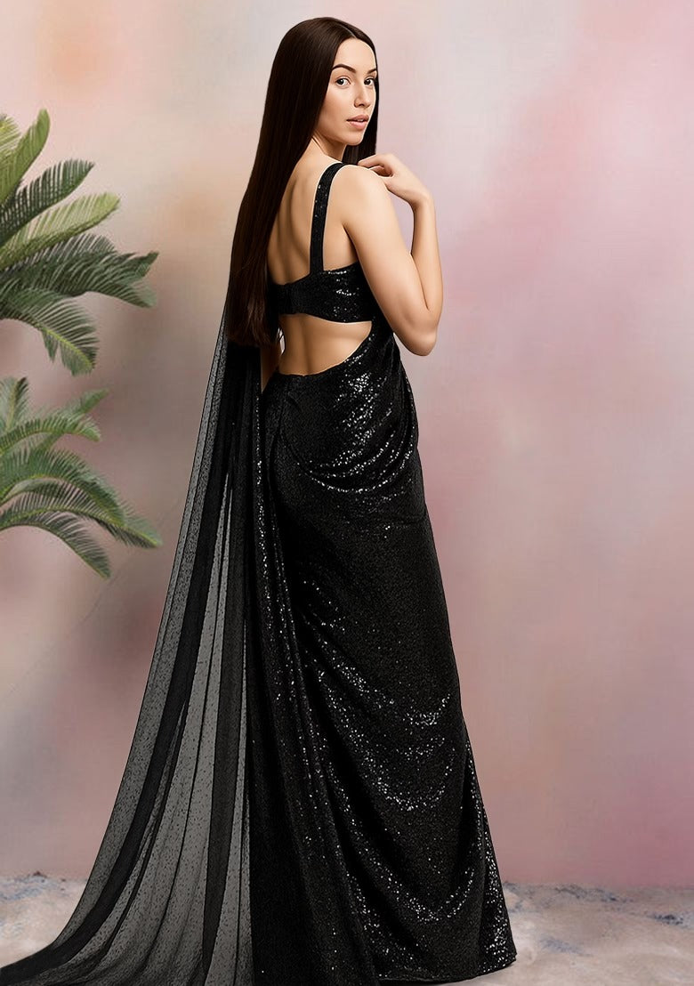 Emerald Green Sequin Net Pre-Draped Saree Set