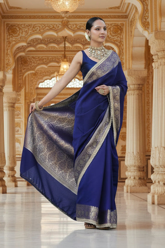 Vastra Veda Banarasi Semi-Silk Saree with Zari Border & Stitched Blouse