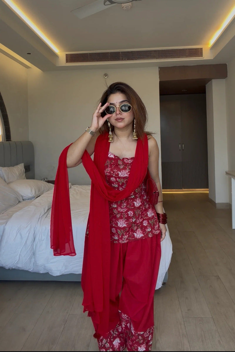 Crimson Bloom Farshi Set with Printed Dupatta