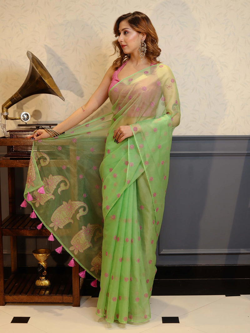 Vastra Veda Ivory Organza Banarasi Butti Saree with Red Embroidery with a Stitched Blouse