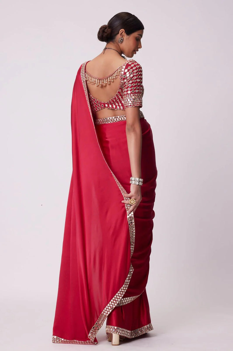 Red French Crepe Silk Mirror Luxe Saree with blouse