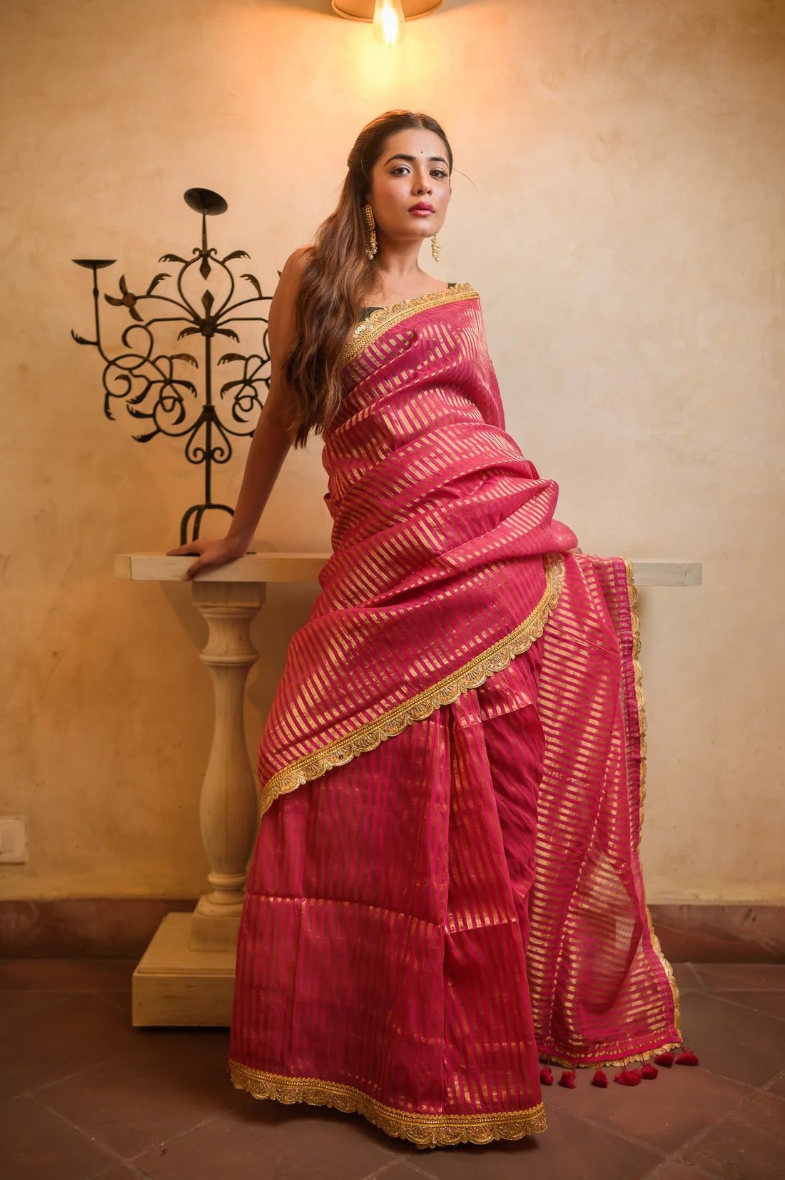 Pink Zari Tissue Party Saree