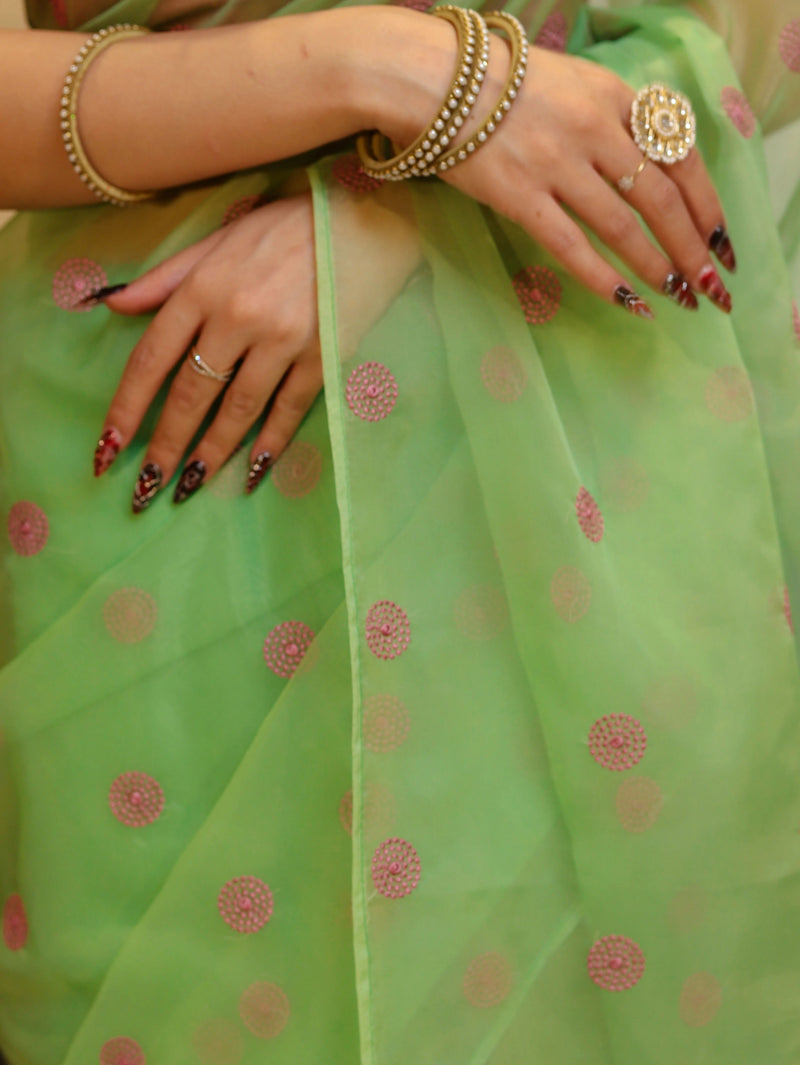 Vastra Veda Ivory Organza Banarasi Butti Saree with Red Embroidery with a Stitched Blouse