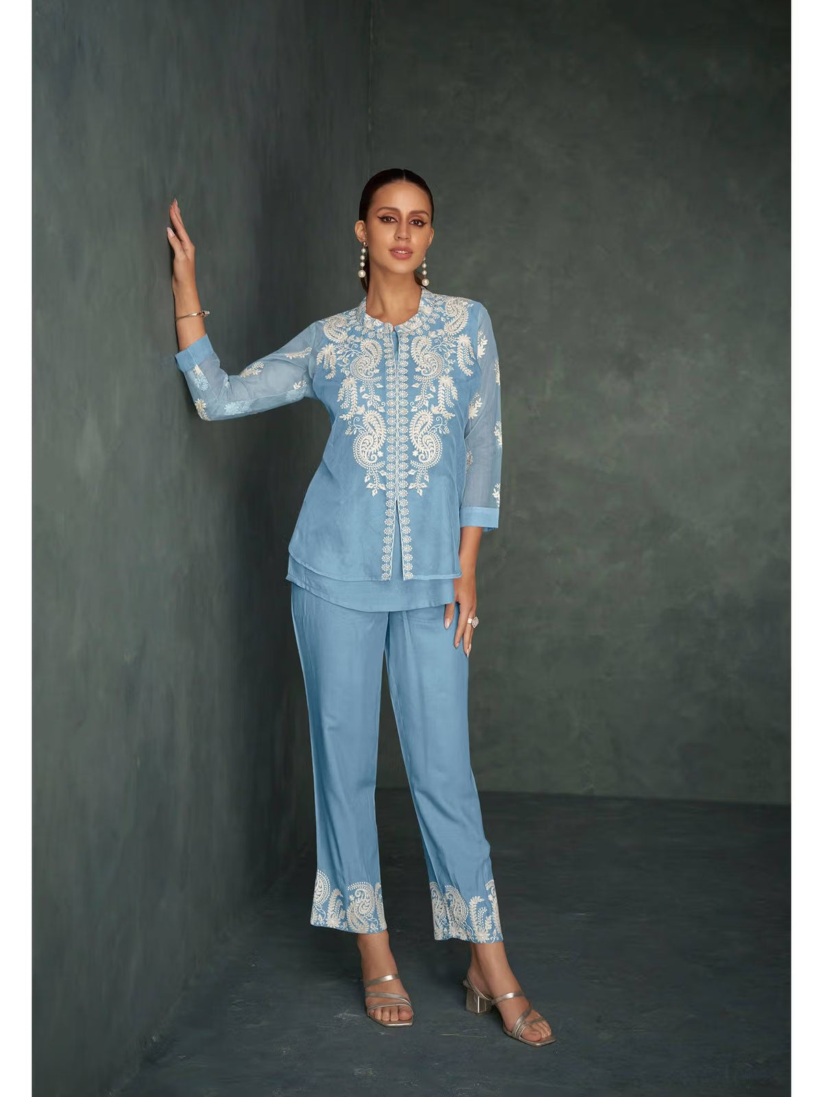 Cotton Soft Blue Embroidered Co-Ord Set