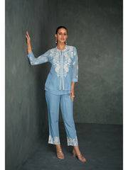 Cotton Soft Blue Embroidered Co-Ord Set
