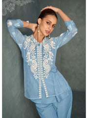 Cotton Soft Blue Embroidered Co-Ord Set